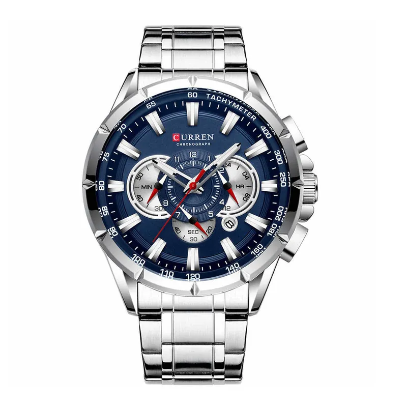 Reloj Curren 8363 plateado con esfera azul, de frente
