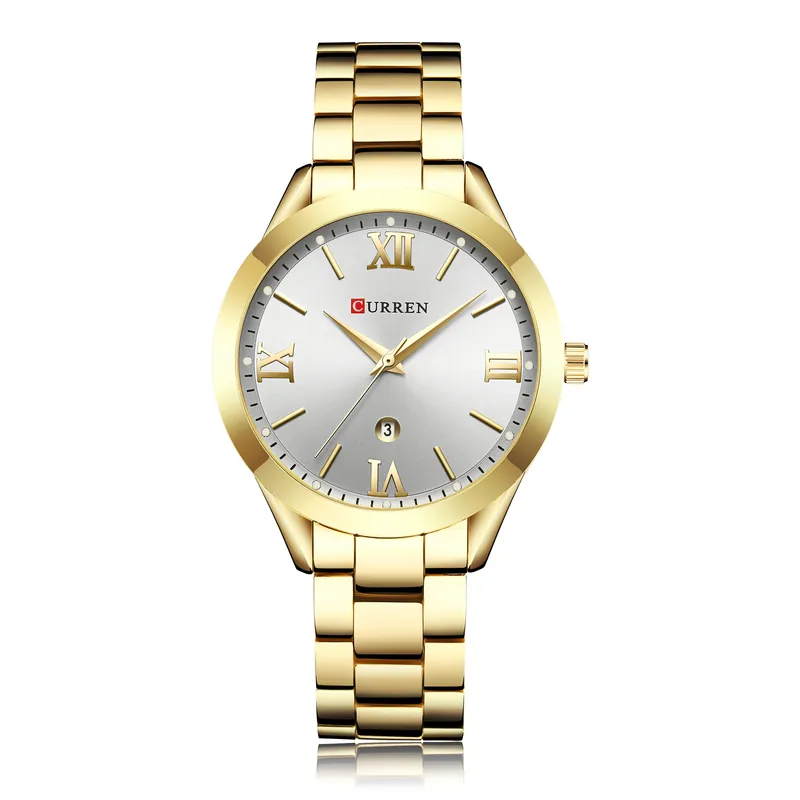 Reloj Curren 9007 para mujer, dorado con esfera plateada, de frente