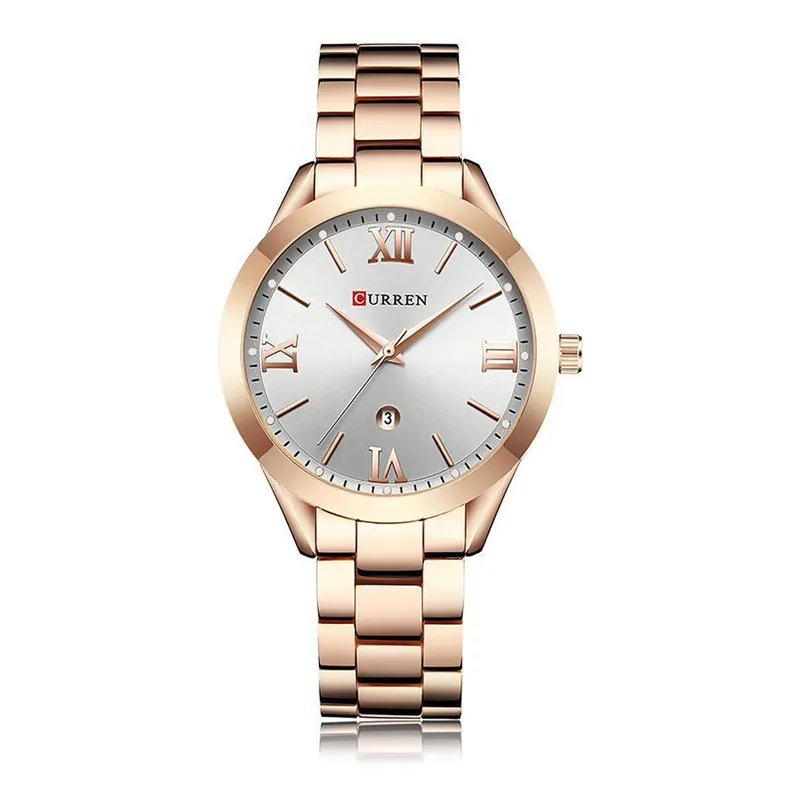 Reloj Curren 9007 para mujer, oro rosa con esfera plateada, de frente